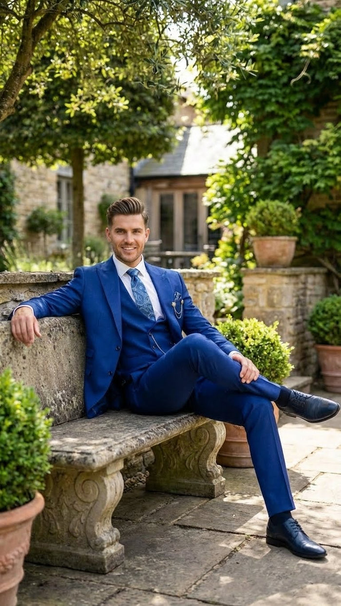 Men’s Royal Blue 3 Piece Suit Set with Vest - Formal Wedding and Party Wear Suit - Saphire Cobalt blue by USA Men's Outlet