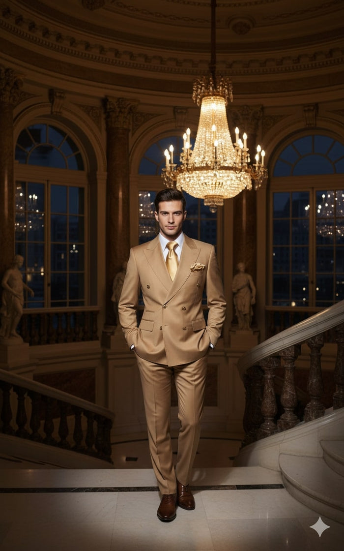 Mens Camel - Bronze - Goldish khaki Double-Breasted Suit - Luxury 2-Piece Formal Set with Gold Buttons and Peak Lapels by Rossi Man USA Men's Outlet