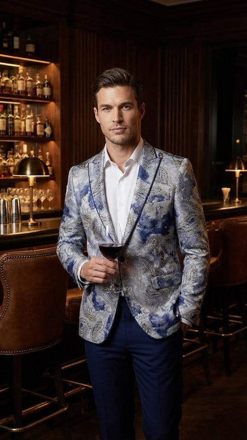 Men’s Navy Blue and Gray Paisley Print Blazer - Prom Jacket for Formal, Party, and Evening Wear by USA Men's Outlet