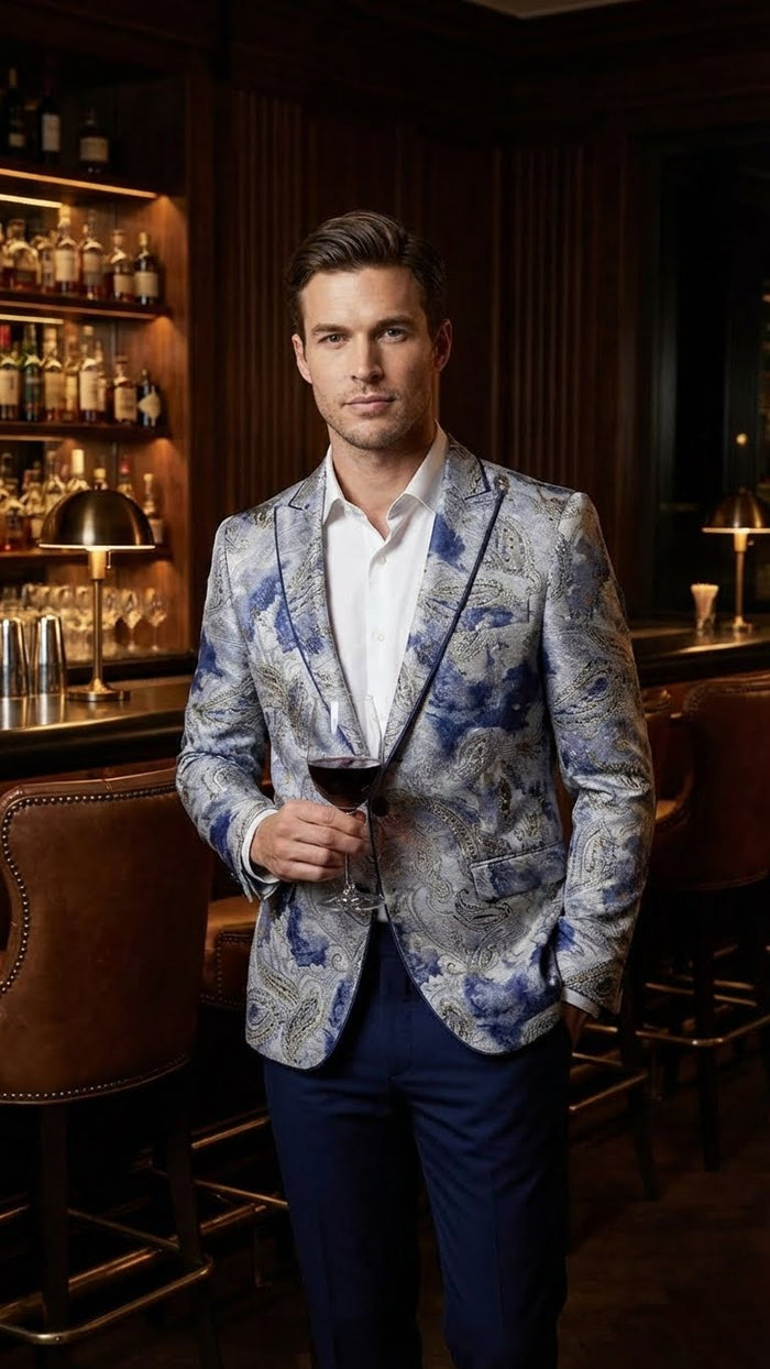 Men’s Navy Blue and Gray Paisley Print Blazer - Prom Jacket for Formal, Party, and Evening Wear by USA Men's Outlet