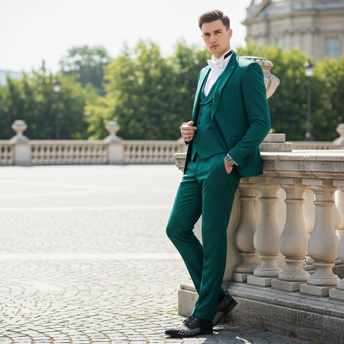 Men’s Emerald Green Textured 3-Piece Suit - Polk Dot Pattern Formal Wedding, Prom, and Evening Wear Outfit by USA Men's Outlet