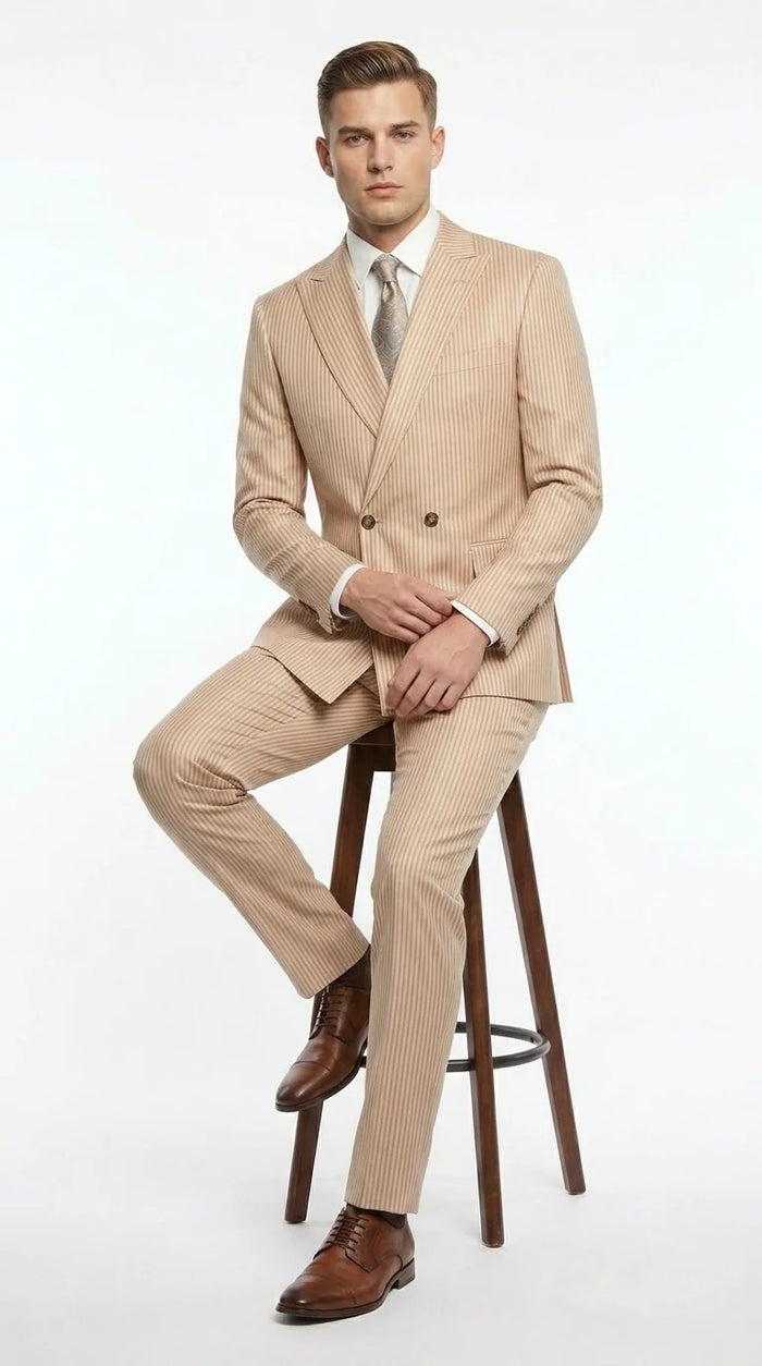 Vitali Men’s Tone on Tone Beige Pinstripe 2 Piece Suit, Double Breasted Summer Dress Suit for Weddings, Tan Beige Shadow Pinstripe