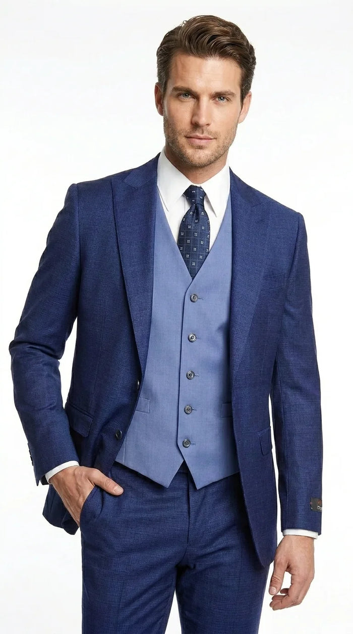 Vitali Men’s Navy Blue 3 Piece Suit with Light Blue Vest, Textured Formal Dress Suit for Weddings, Prom, Business Events, and Parties