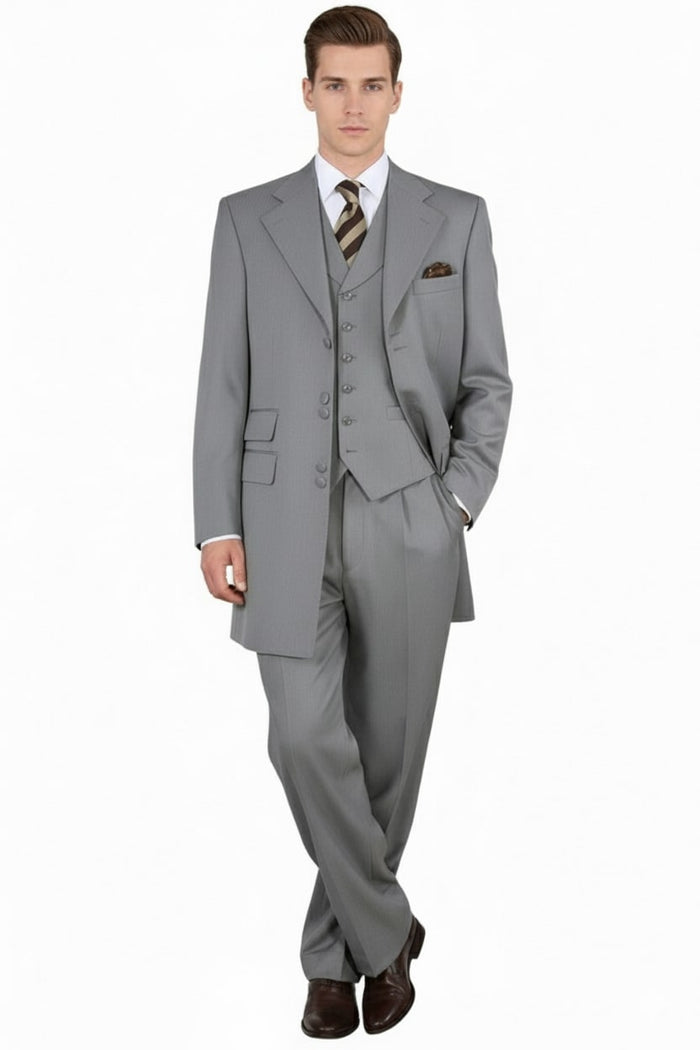 Mens Zoot Suit - Light Gray 3-Piece Suit with Vest - Classic Business and Wedding Formal Wear - 1920s Fashion by USA Men's Outlet