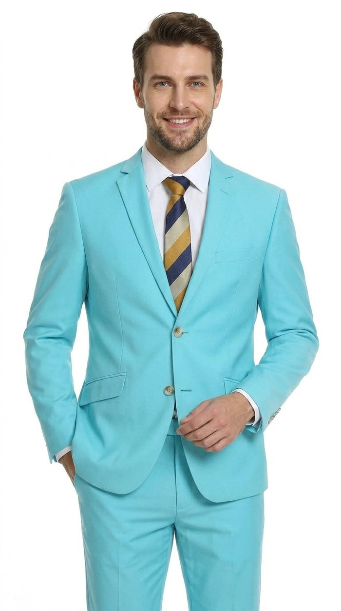 Men’s Aqua Blue 2 Piece 2 Button Suit, Formal Dress Suit for Weddings, Prom, Parties, Summer Events, Turquoise Light blue
