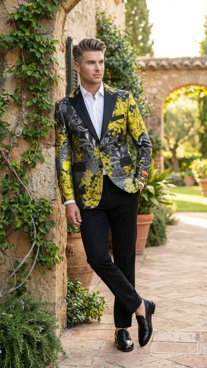 Men’s Yellow Tuxedo Black and Gold Floral Pattern Blazer - Formal Jacket - Prom Dinner Jacket + Black Pants + Bowtie by USA Men's Outlet