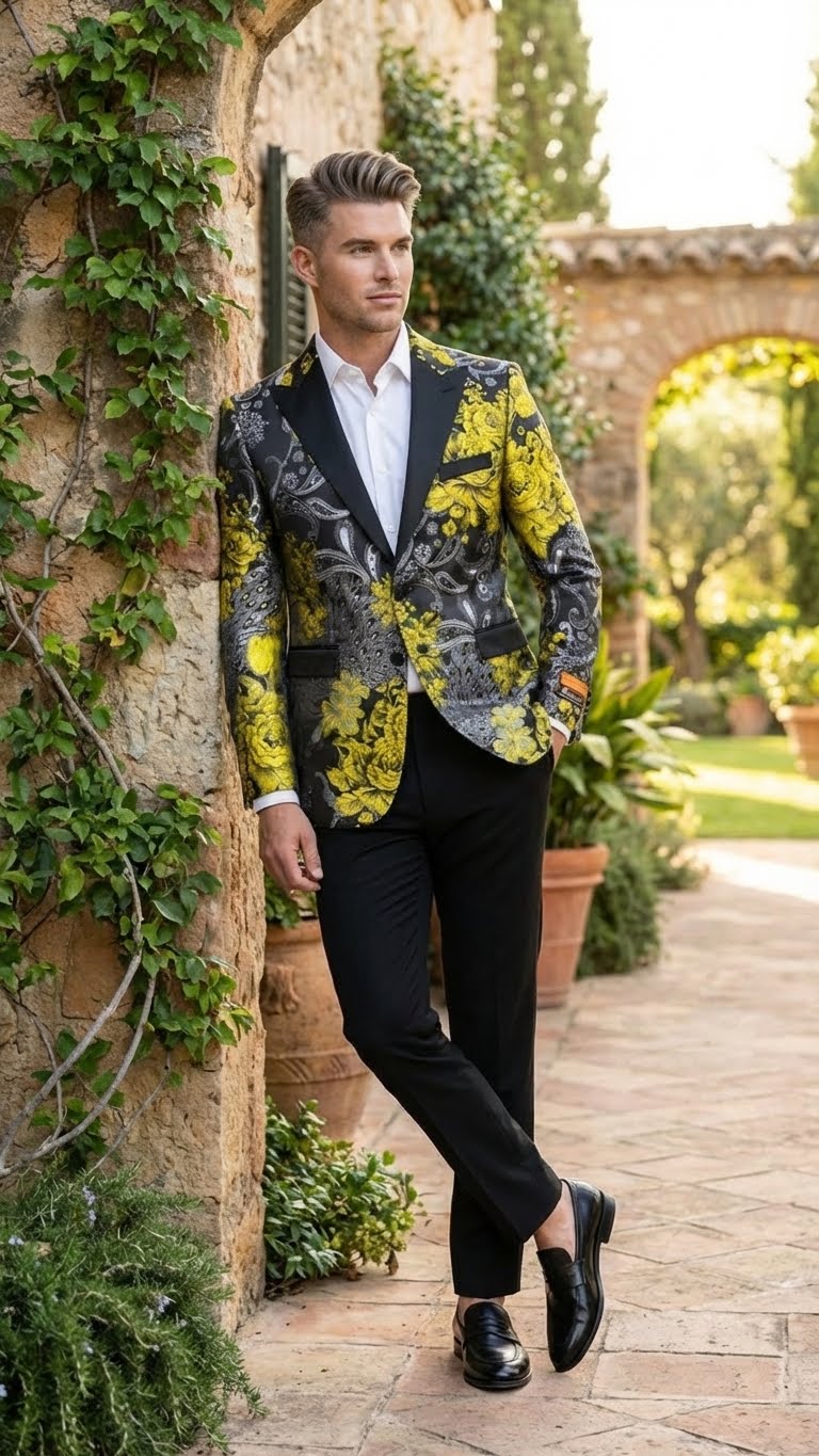 Men’s Yellow Tuxedo Black and Gold Floral Pattern Blazer - Formal Jacket - Prom Dinner Jacket + Black Pants + Bowtie by USA Men's Outlet