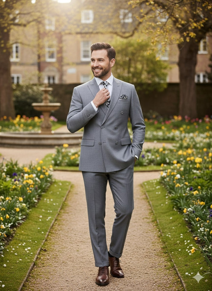 Mens Grey Tone on Tone Double-Breasted Suit - Classic Slim Fit 2 Piece Formal Business Gray Shadow Stripe by USA Men's Outlet