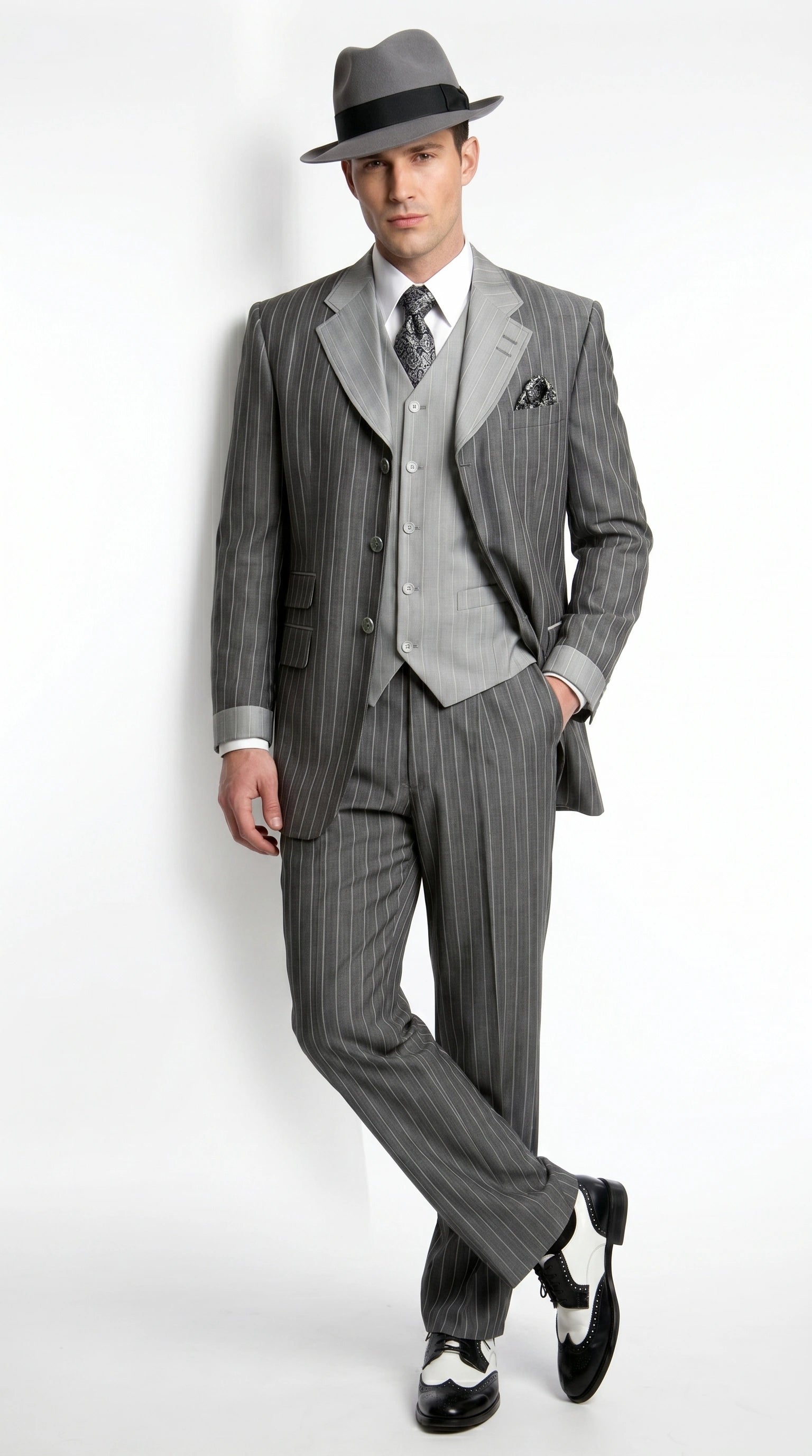 Men’s Grey Pinstripe 1920s Gangster 3 Piece Suit, Contrast Lapel Vintage Formal Suit for Parties, Prom, Weddings, and Theme Events