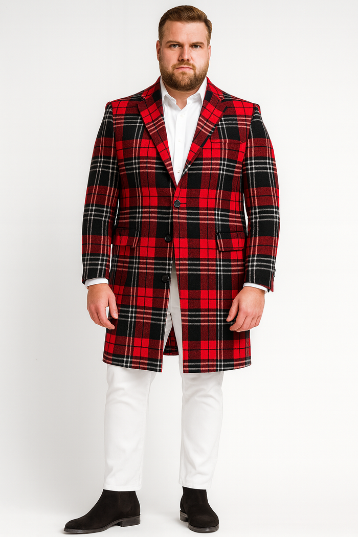 Men’s Red Plaid Wool Overcoat - Classic Tartan Check Long Coat for Stylish Winter Wear by USA Men's Outlet