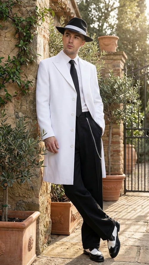 Men’s White Zoot Suit Gangster Style Outfit –  White Jacket + Vest + Pants + Shirt & Tie  Combo Package