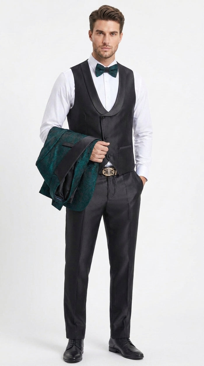 Tazzio Men’s Hunter Green & Black Paisley Tuxedo – Skinny Fit Shawl Collar 3-Piece Prom and Wedding Suit