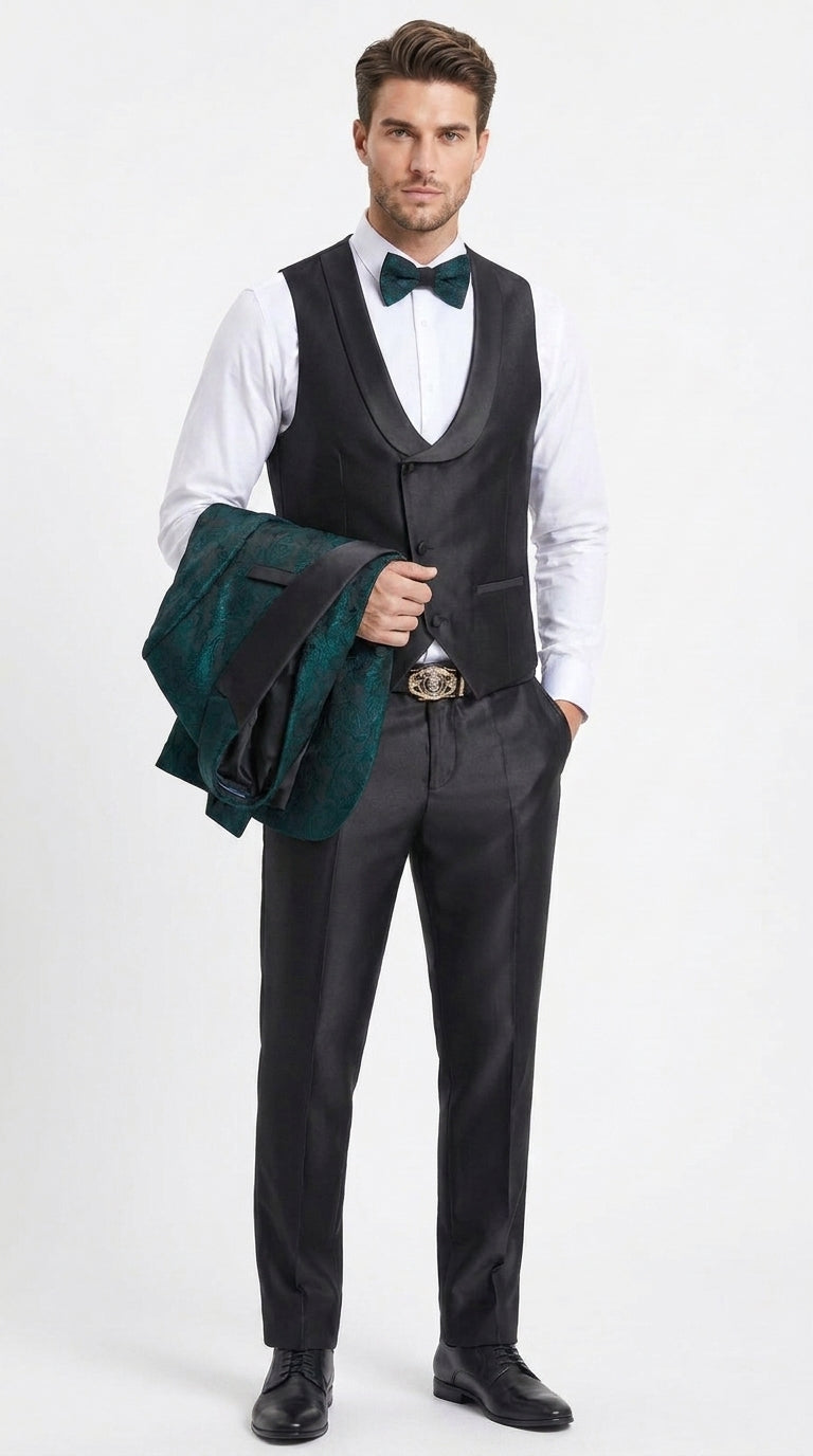 Tazzio Men’s Hunter Green & Black Paisley Tuxedo – Skinny Fit Shawl Collar 3-Piece Prom and Wedding Suit