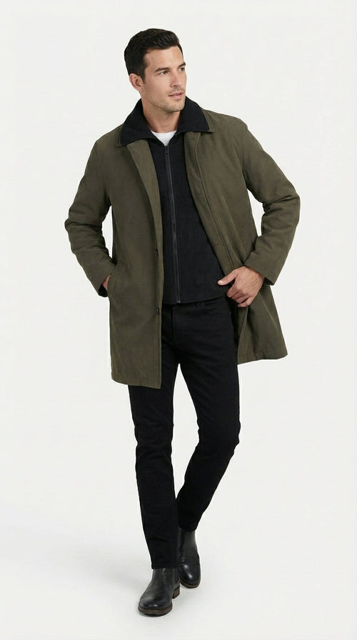 Mens Olive Brown Trench Coat Raincoat – Classic Water Resistant Long Coat with Zip and Button Closure for Business, Travel and Everyday Outerwear