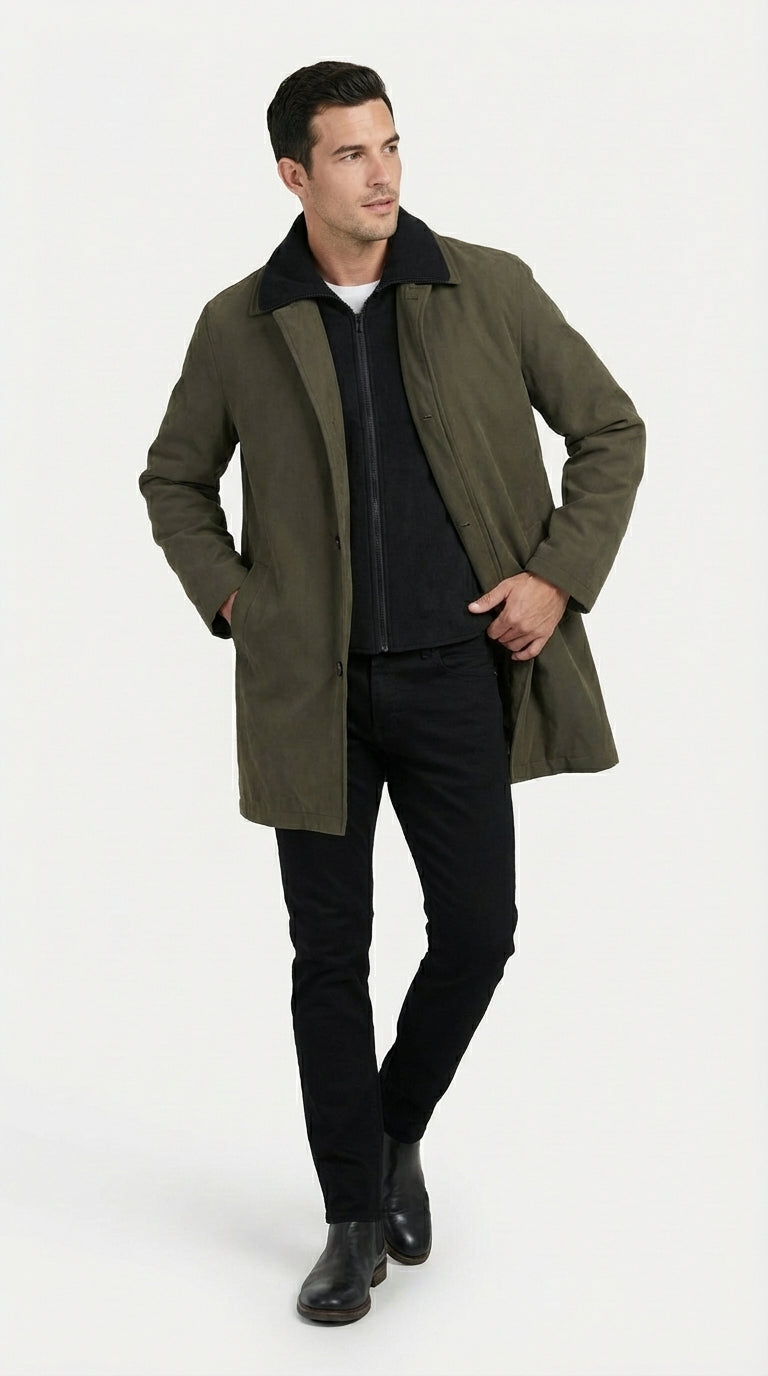 Mens Olive Brown Trench Coat Raincoat – Classic Water Resistant Long Coat with Zip and Button Closure for Business, Travel and Everyday Outerwear