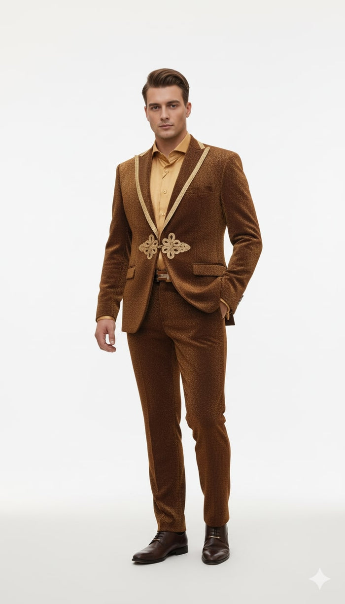 Mens Bronze Shiny Velvet Suit - Designer Party and Wedding Wear Blazer and Pant Set Brown and Gold Tuxedo by USA Men's Outlet