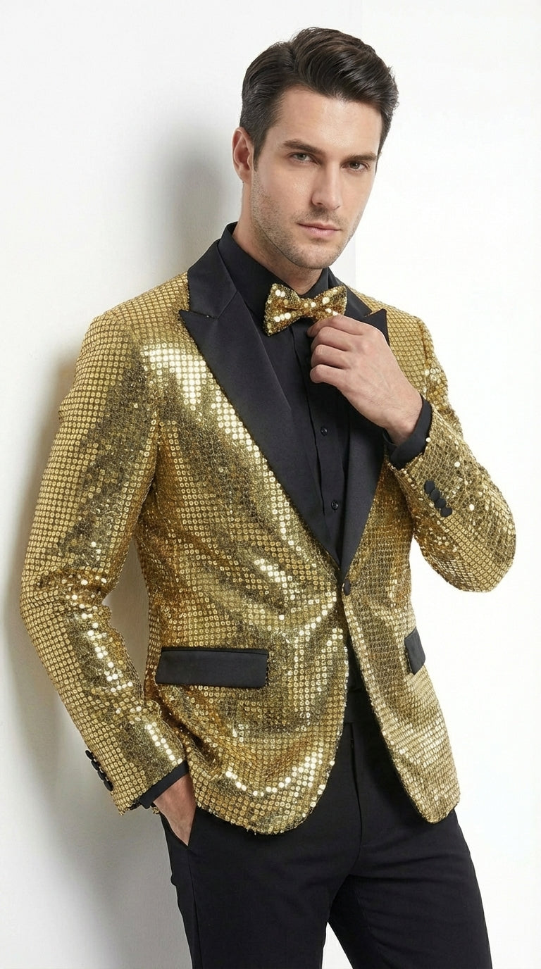 Mens Gold Sequin Blazer with Black Satin Lapel – Gold Formal Party Blazer Jacket for Prom, Wedding and Stage Events