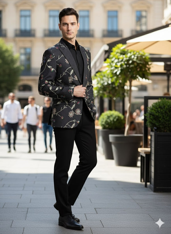 Luxury Black Floral Embroidered Blazer for Men - Designer Party and Wedding Wear Jacket by USA Men's Outlet