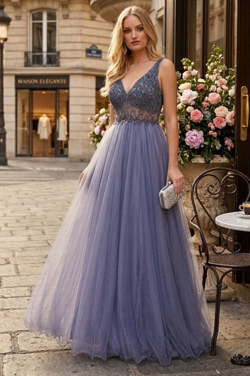 Embroidered A-line Prom Dress Sleeveless V-Neck Evening gown