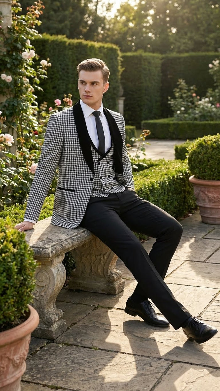 Men’s Black and White Houndstooth Tuxedo Set with Velvet Shawl Lapel - 3-Piece Formal Suit with Double-Breasted Vest by USA Men's Outlet