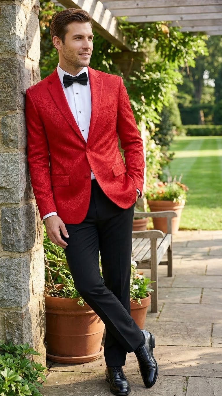 Men’s Red Paisley Velvet Blazer - Christmas new year Sport Coat Jacket - Prom 2026 Collection USA Men's Outlet
