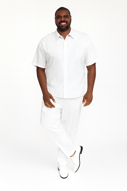 Men’s White Embroidered Guayabera Two-Piece Set – Short Sleeve Shirt and Pants