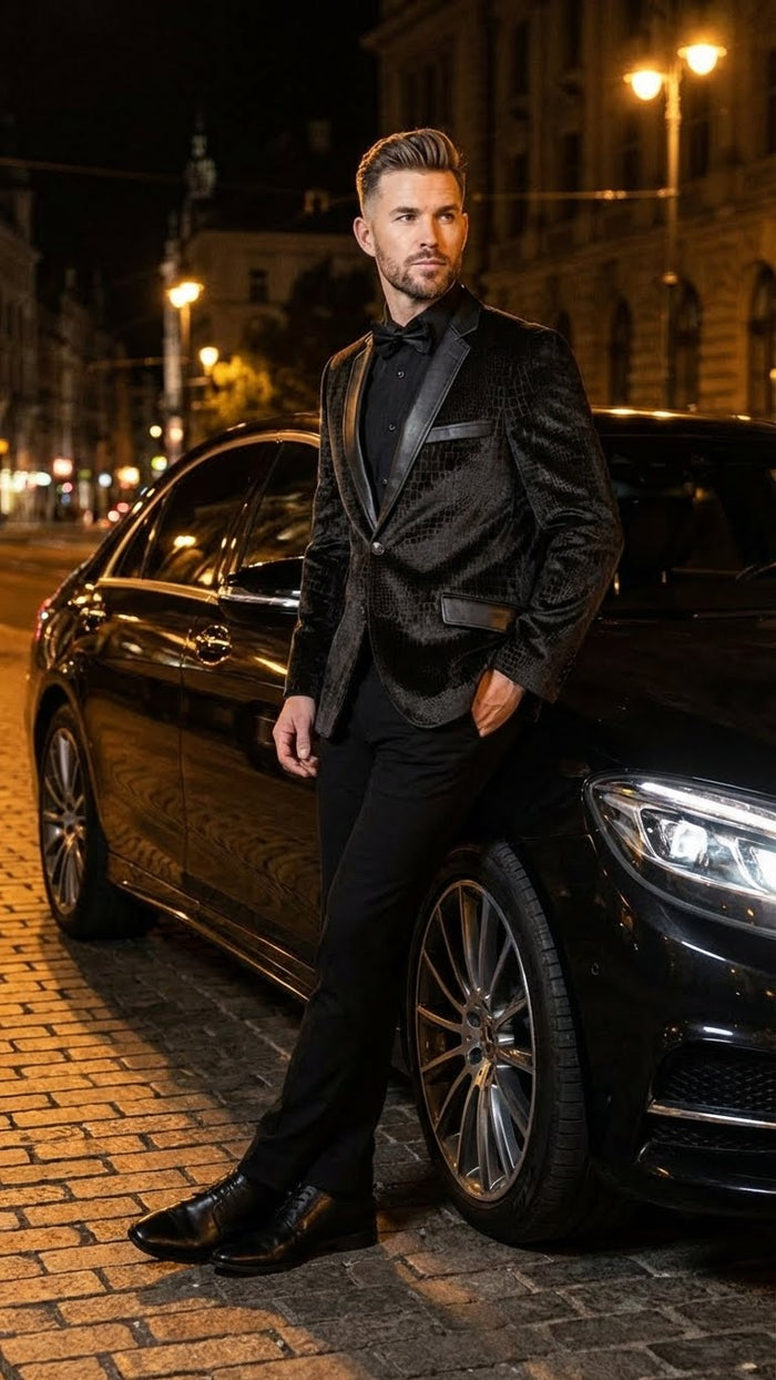 Men’s Crocodile Alligator Exotic skin Texture Blazer - Slim Fit Designer Jacket with Satin Lapels for Formal and Party Wear in Black Color USA Men's Outlet