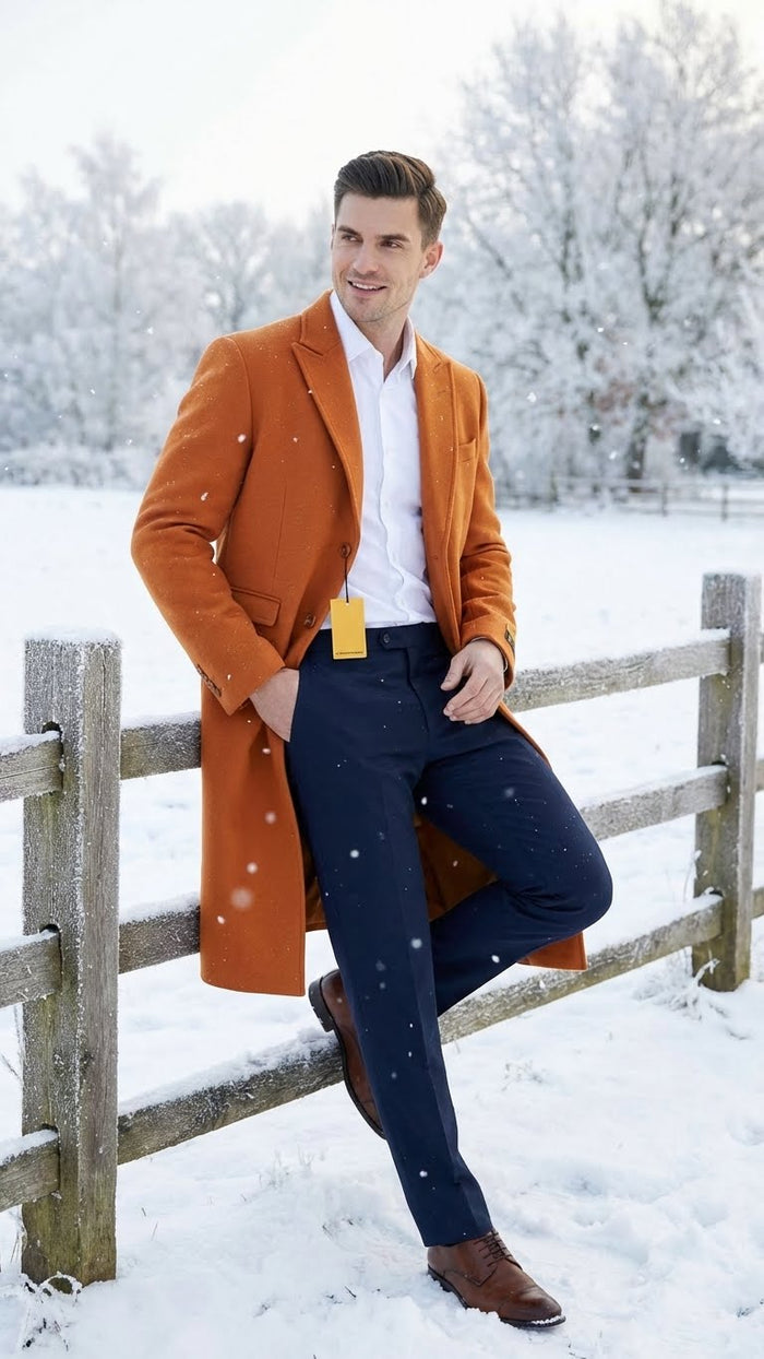 Men’s Orange - Rust Wool Blend Long Overcoat - Topcoat Carcoat Topcoat by USA Men's Outlet