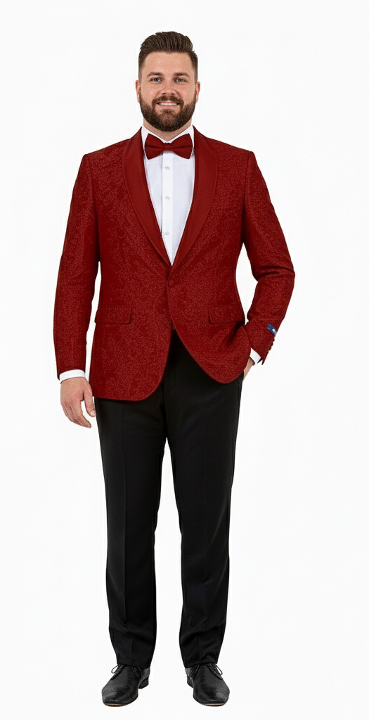 Big and Tall Men’s Burgundy Paisley Tuxedo Jacket – Satin Shawl Lapel Blazer with Bow Tie for Weddings, Proms, and Special Events