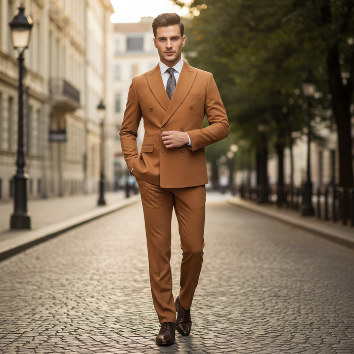 Men’s Vitali Brand Rustish Orange Brown Copper Color Double Breasted Slim Fit Suit USA Men's Outlet