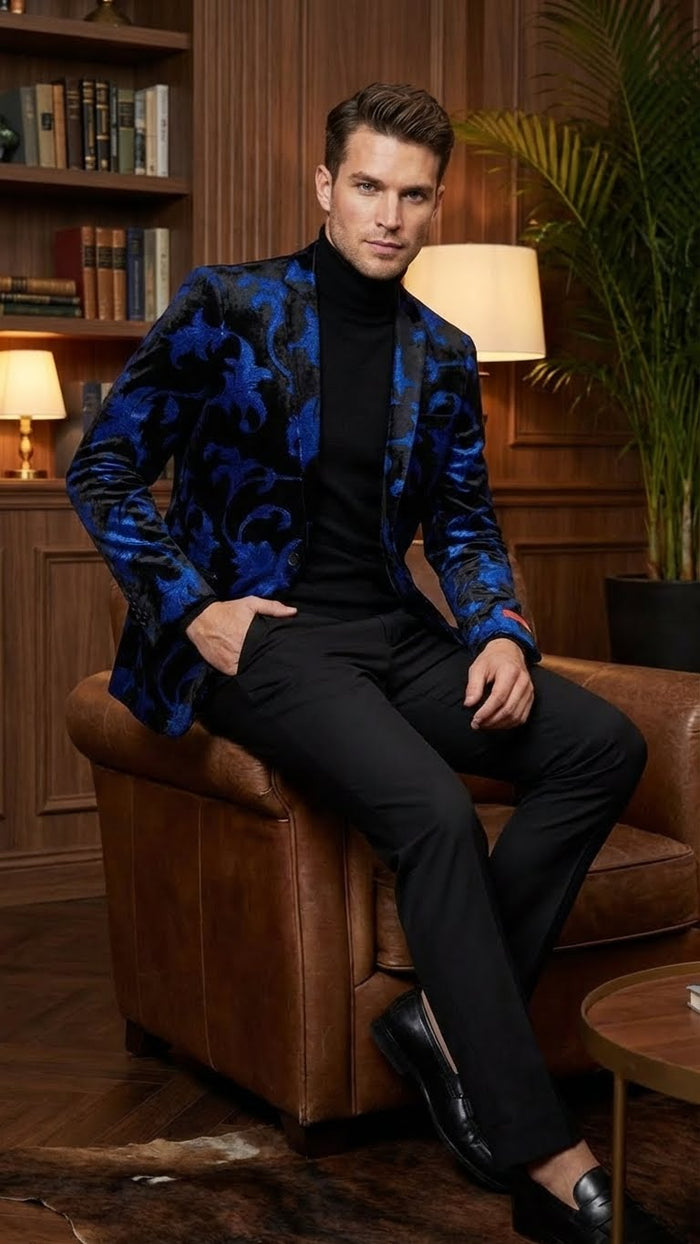 Men’s Black and Royal Blue Patterned Blazer - Paisley Floral Sport Coat Prom Jacket by USA Men's Outlet