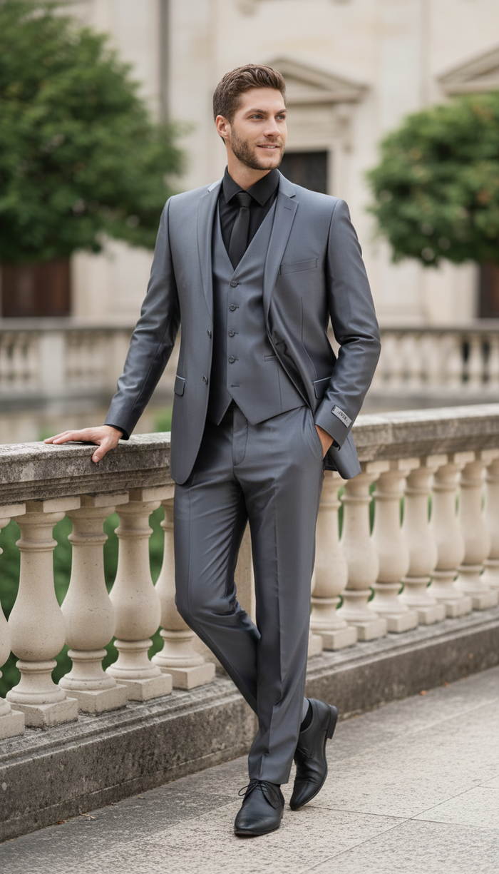 Men’s Dark Grey Shiny Two-Piece Suit - Slim Fitted Formal Jacket and Tailored Pants - Sateen Metalic in Charcoal Gray Color - USA Men's Outlet