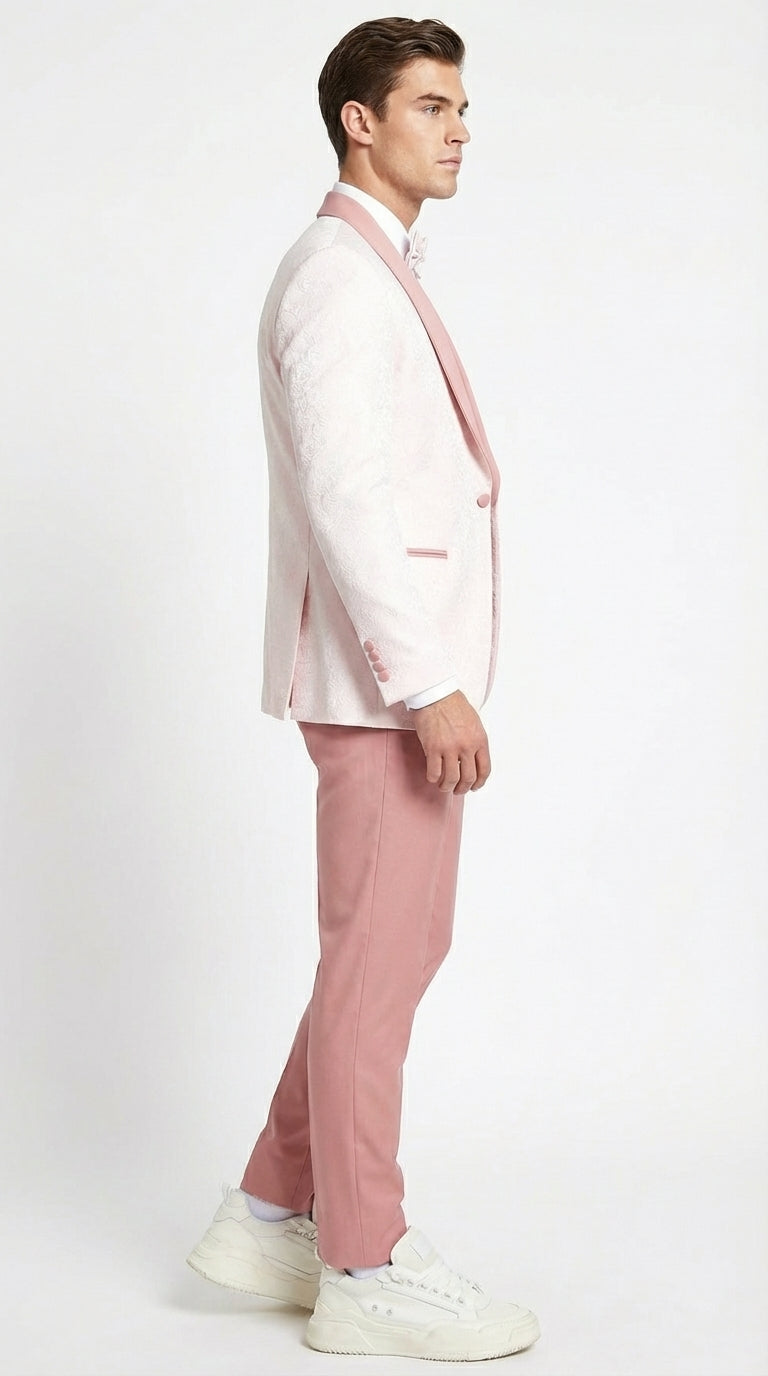 Men’s Cream and Rose Pink Prom Suit – Cream Tuxedo Jacket with Rose Pink Pants and Shawl Lapel Formal Suit for Prom and Wedding