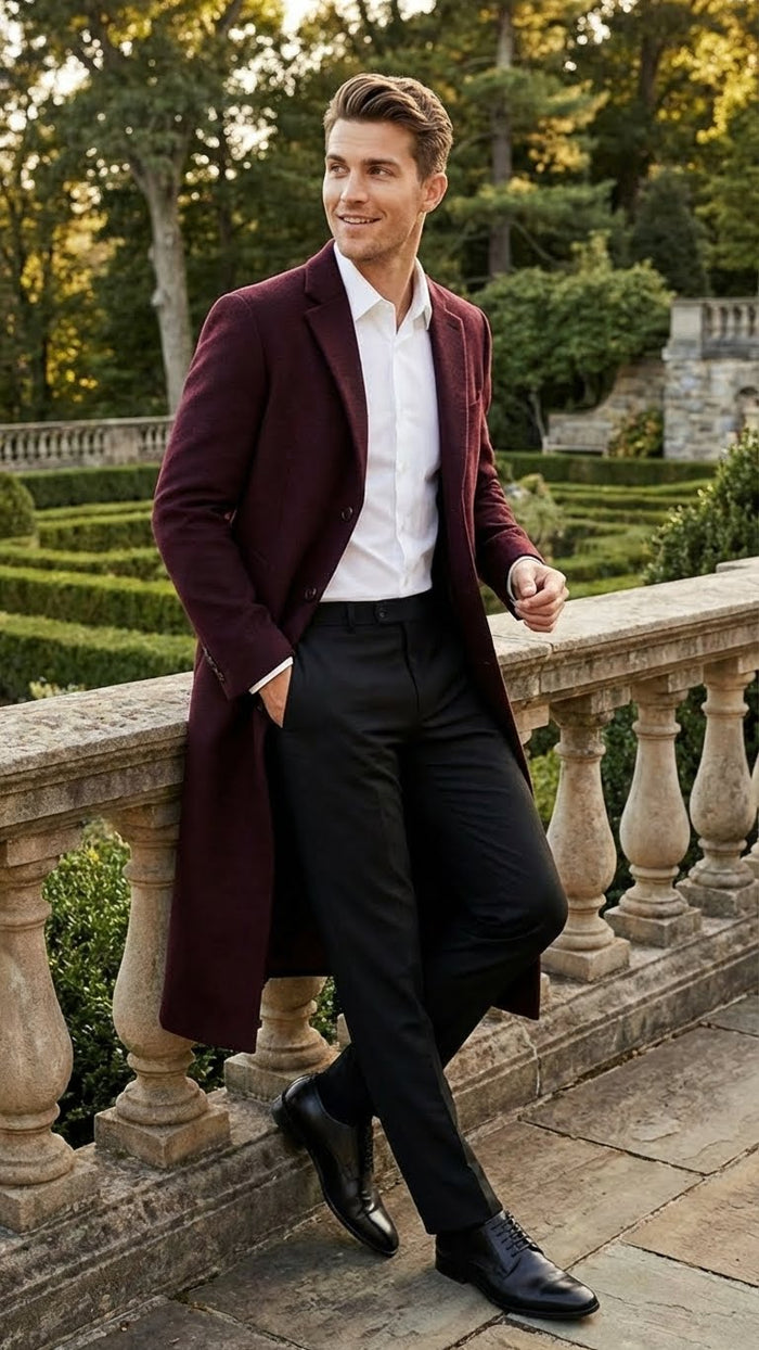 Men’s Burgundy Long Coat - Classic Fit Wool Blend Overcoat - Topcoat Full length USA Men's Outlet