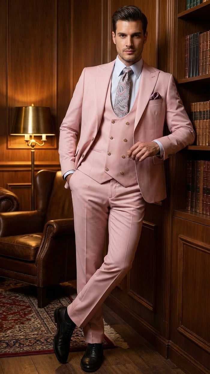 Men’s Blush Pink and Gold Three-Piece Suit - Tailored Fit Formal Wedding, Vested Suit By Rossiman USA Men's Outlet
