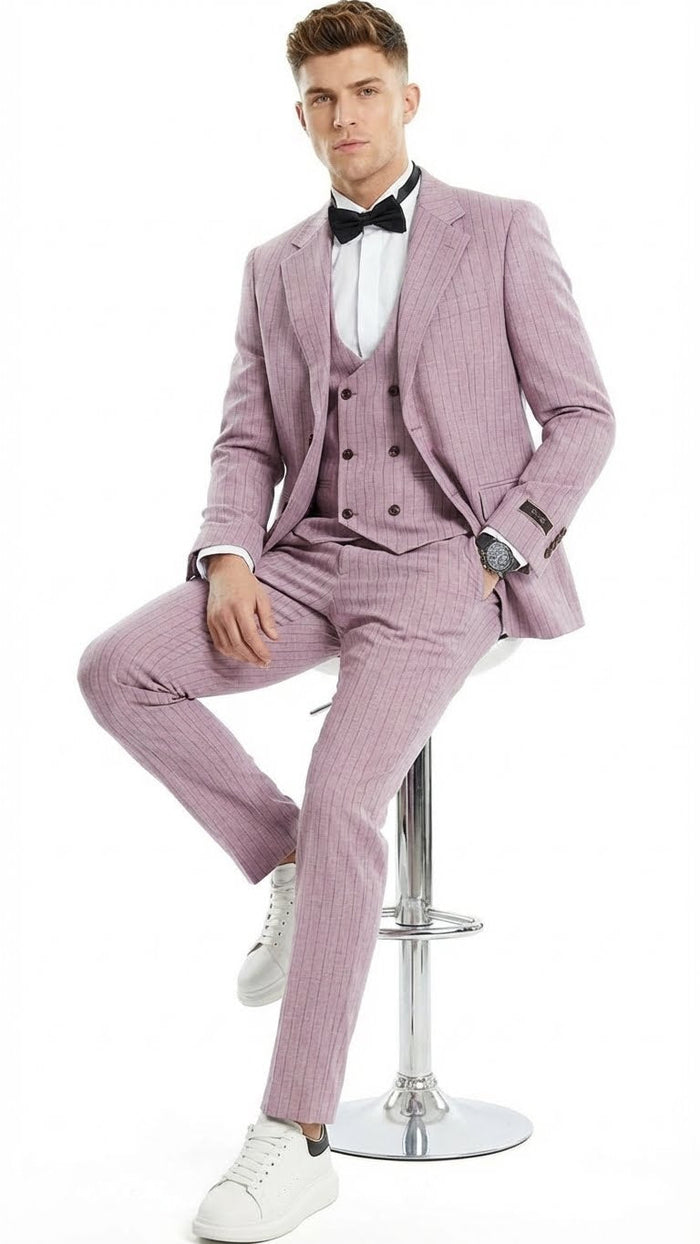 Men’s Dusty Rose Pink Pinstripe Three Piece Suit with Vest - Wedding and Party Formal Wear Prom or Church Suit by USA Men's Outlet