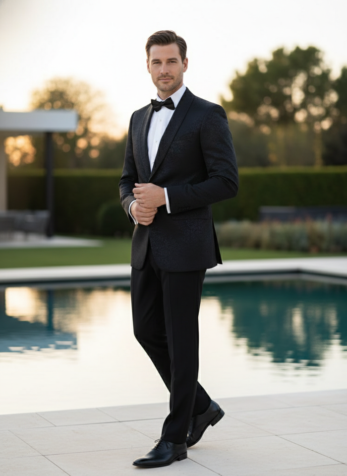 Men’s Black Textured Paisley floral Tuxedo Suit - Premium Slim Fit Formal Wedding, Prom, with Bowtie by USA Men's Outlet