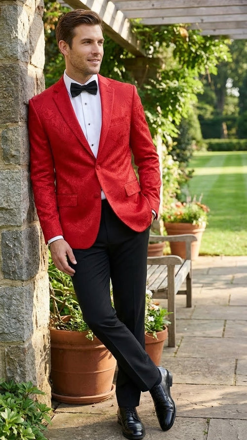 Men’s Red Paisley Velvet Blazer - Christmas new year Sport Coat Jacket - Prom 2026 Collection
