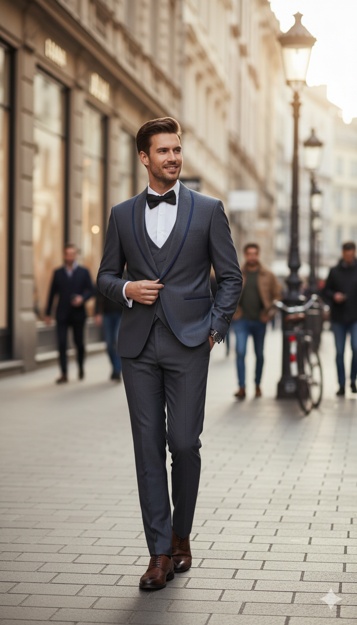 Men’s Charcoal Gray with blue Trim Slim Fit 3-Piece Suit - Modern Wedding and Business Formal Tuxedo Set by USA Men's Outlet