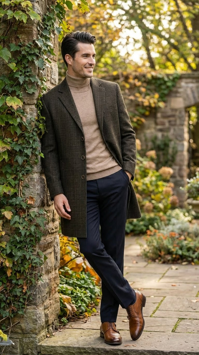 Men’s Brown Checkered Wool Overcoat - Long Winter Coat with Classic Plaid Pattern By Statement USA Men's Outlet