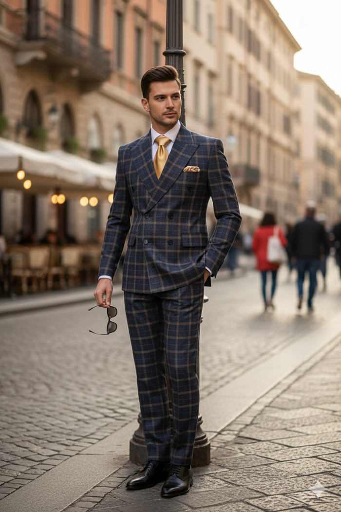Men’s Navy and Tan Windowpane Double-Breasted Suit - Classic 2-Piece Plaid Dress Suit, Business, and Formal Events By Rossiman USA Men's Outlet