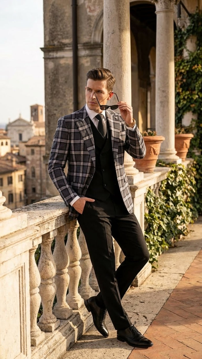Men’s Big and Tall Charcoal Gray and Black Plaid Blazer - Grey Checker Windowpane Sport Coat by USA Men's Outlet