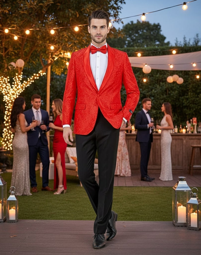 Big and Tall Mens Red Paisley Tuxedo Jacket - Satin Shawl Lapel Blazer with Bow Tie - Christmas Jacket by USA Men's Outlet