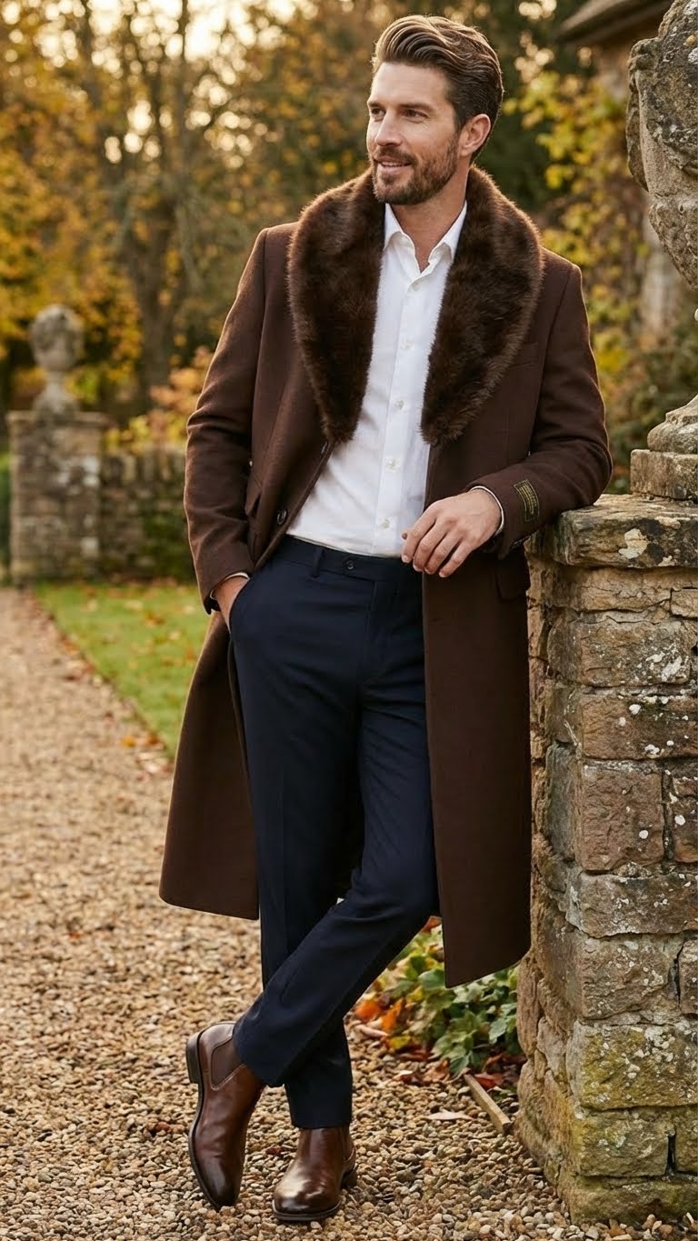 Men’s Brown Long Overcoat with Faux Fur Collar - Classic Winter Formal Coat Three Quarter Carcoat Wool and Cashmere Fabric USA Men's Outlet