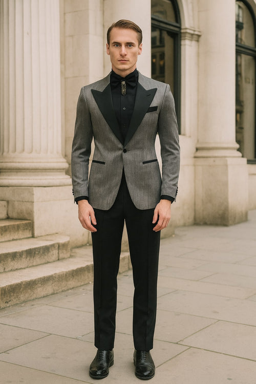 Silver Metallic Tuxedo Suit with Black Satin Peak Lapel - Mens Slim Fit Formal Wedding and Prom Attire in Charcoal Grey With Pants USA Men's Outlet