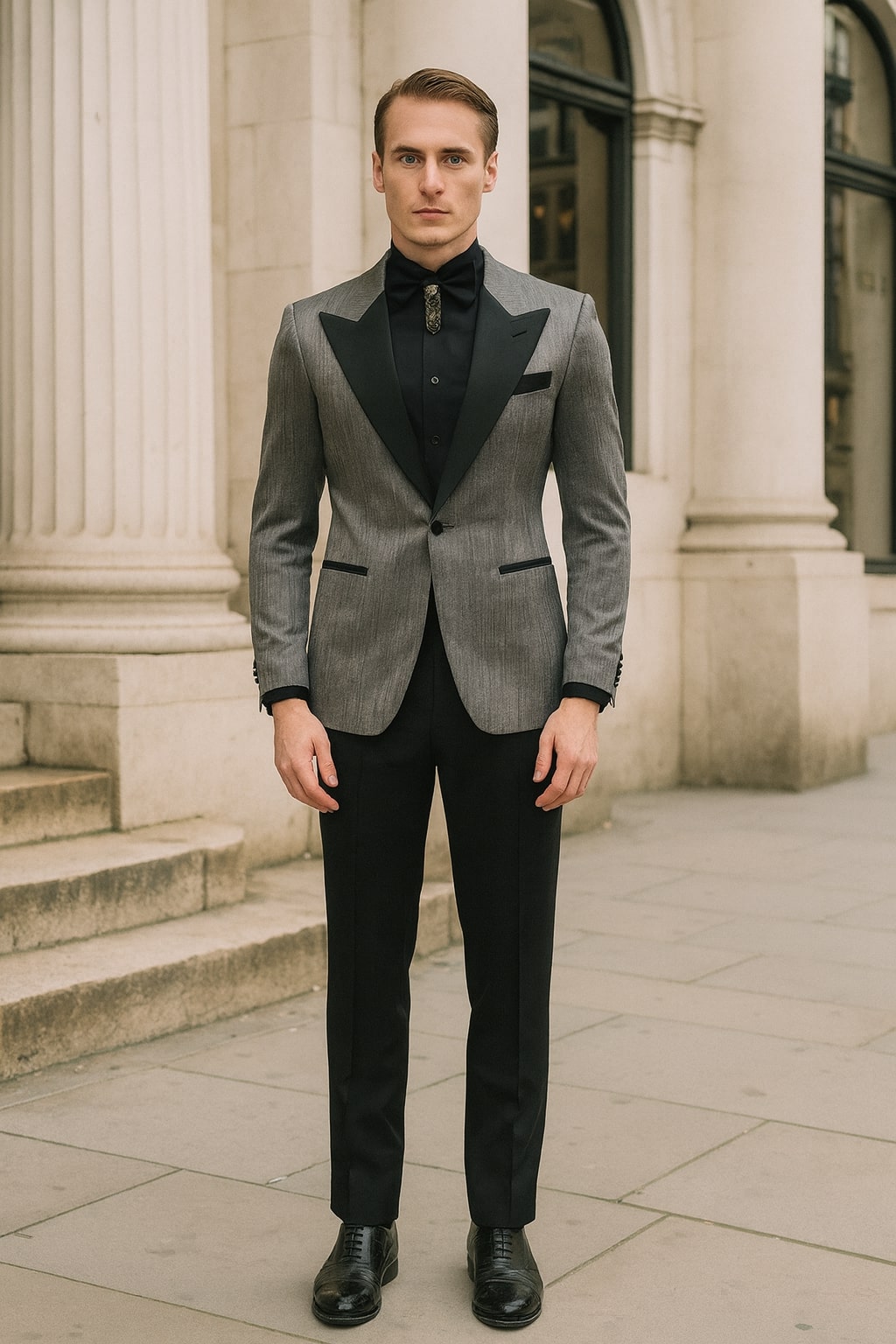 Silver Metallic Tuxedo Suit with Black Satin Peak Lapel - Mens Slim Fit Formal Wedding and Prom Attire in Charcoal Grey With Pants USA Men's Outlet