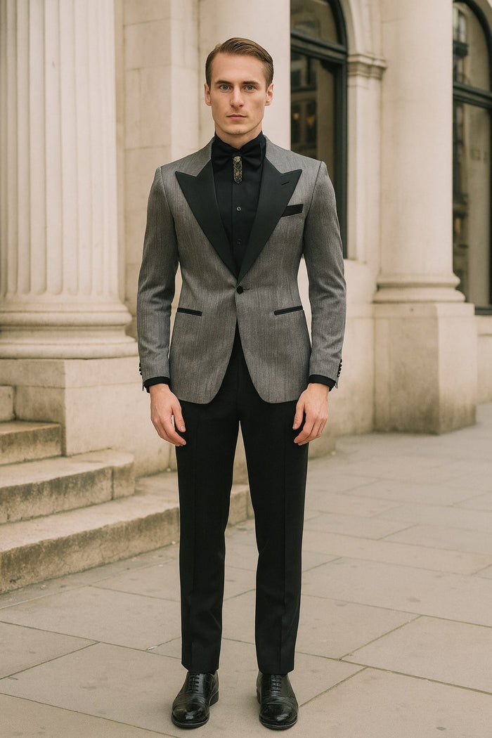 Silver Metallic Tuxedo Suit with Black Satin Peak Lapel - Mens Slim Fit Formal Wedding and Prom Attire in Charcoal Grey With Pants USA Men's Outlet