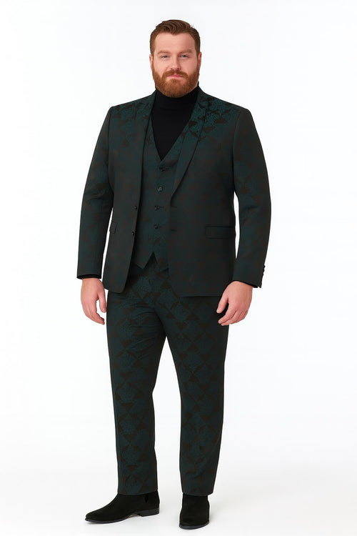 Men’s Emerald Green Floral Jacquard 3-Piece Tuxedo Suits – Slim Fit Formal Set with Blazer, Vest, and Pants Paisley Fabric - Ultra slim fitted