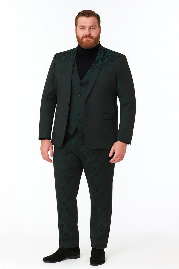 Men’s Emerald Green Floral Jacquard 3-Piece Tuxedo Suit - Slim Fit Formal Set with Blazer, Vest, and Pants Paisley Fabric - Ultra slim fitted by USA Men's Outlet