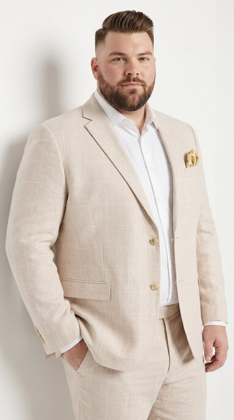 Men’s Big and Tall Beige Linen Suit – Summer Wedding and Formal 2-Piece Suit
